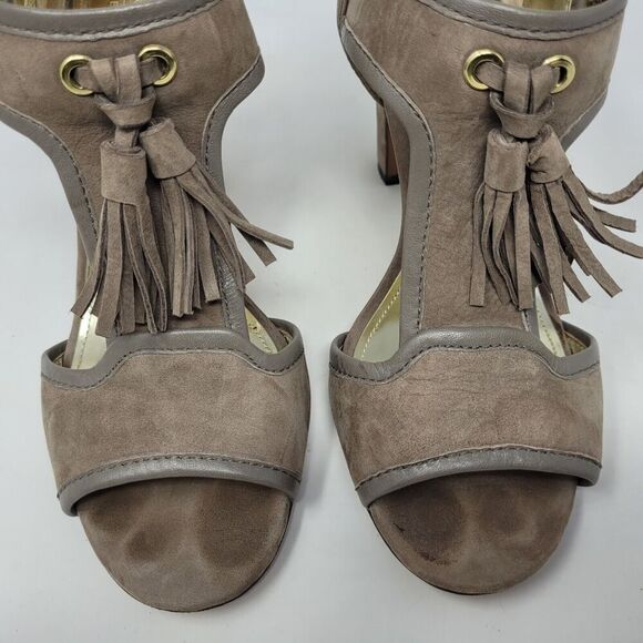 Coach Shoes Womens 9 Taupe Gray Suede Tristen Heels Tassel Sandals Turnlock - Picture 6 of 10